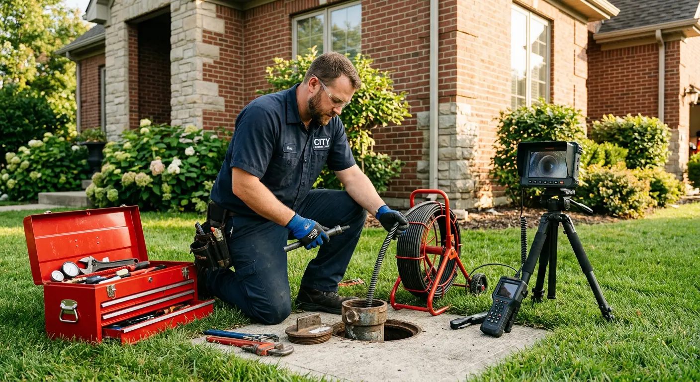 Sewer specialist with camera equipment servicing a cleanout in Lexington